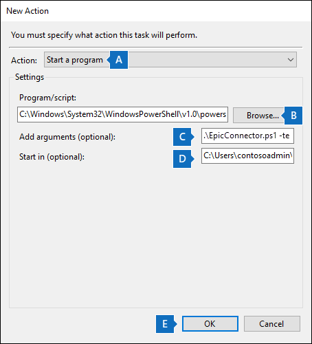 Configurações de ação para criar uma nova tarefa agendada para o script do conector épico.