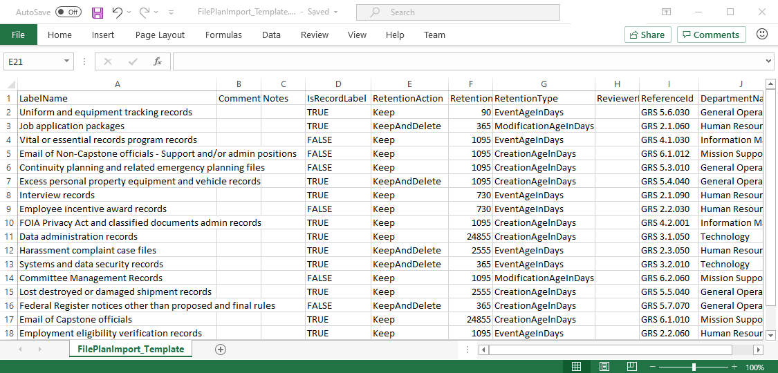 Exemplo de modelo de plano de ficheiros com informações preenchidas prontas para importação para criar etiquetas de retenção.