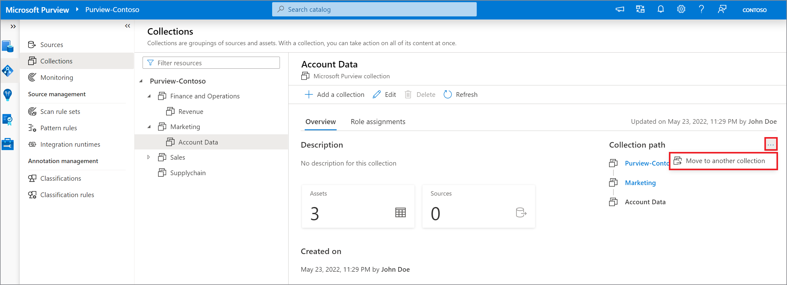 Captura de tela da janela do portal de governança do Microsoft Purview para mover uma coleção, abrir para janela de coleção, reticências e passar para outra coleção realçada.