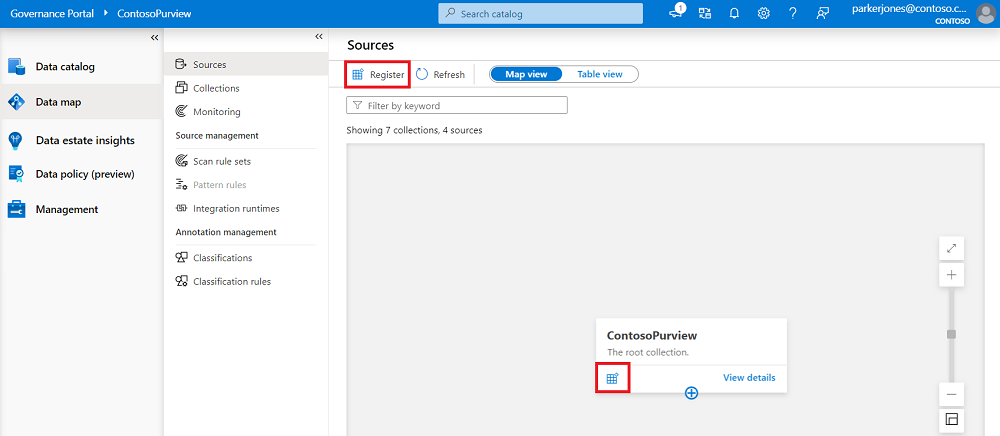 Captura de tela do mapa de dados da janela do portal de governança do Microsoft Purview com o botão de registro realçado tanto na parte superior da página quanto em uma coleção.