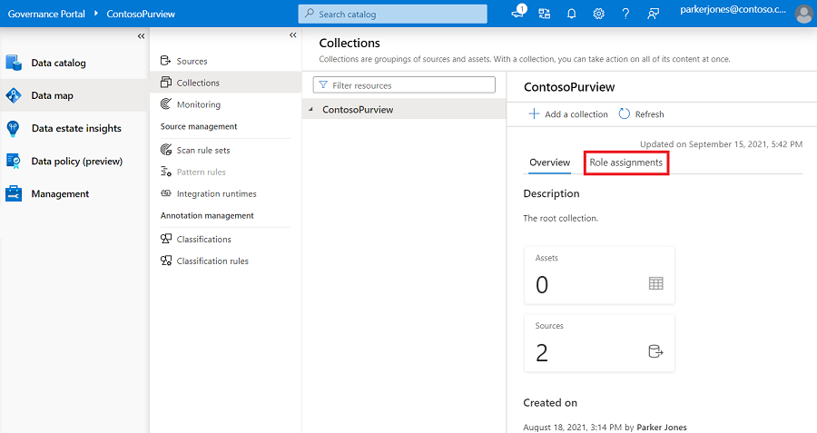 Captura de tela da janela do portal de governança do Microsoft Purview, aberta ao Mapa de Dados, com a guia atribuições de função realçada.