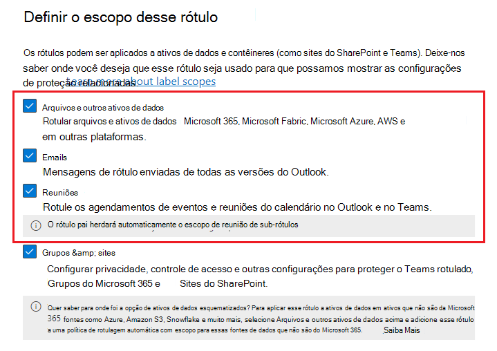 Opções de âmbito da etiqueta de confidencialidade para Itens que incluem Ficheiros, E-mails e Reuniões.