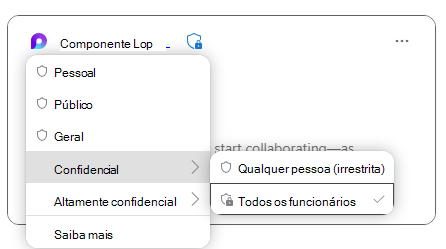 Microsoft Loop componente que apresenta etiquetas de confidencialidade para proteger os dados no componente.