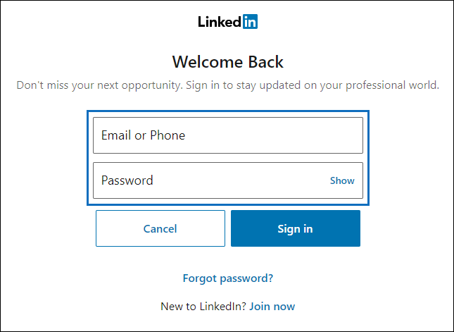 Página de entrada do LinkedIn.