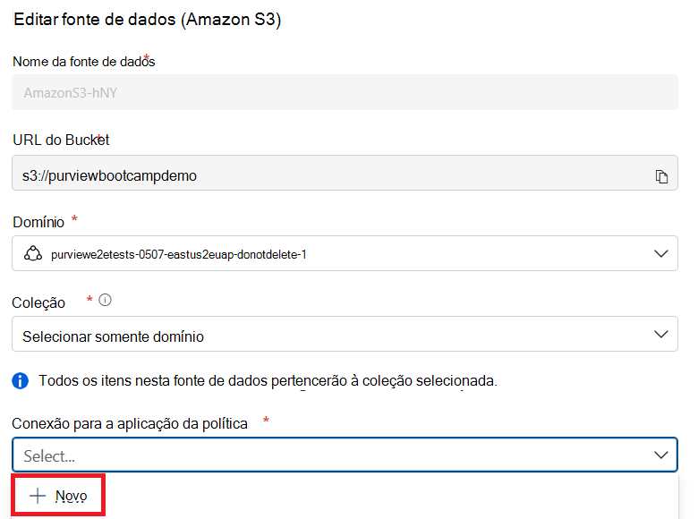 Screenshot of the Amazon edit data source page with the connection for policy enforcement selected, and the + New button highlighted.