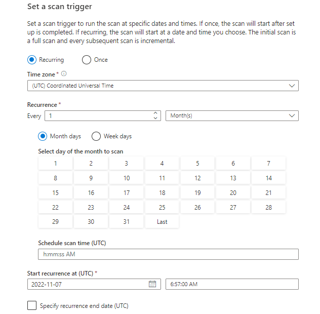 Captura de tela que mostra a configuração de um gatilho de verificação recorrente.