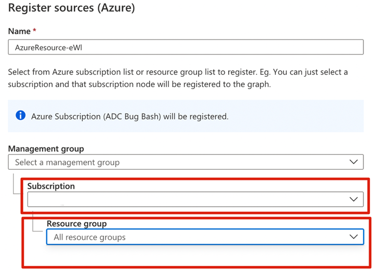 Captura de tela que mostra as caixas para selecionar uma assinatura e um grupo de recursos.