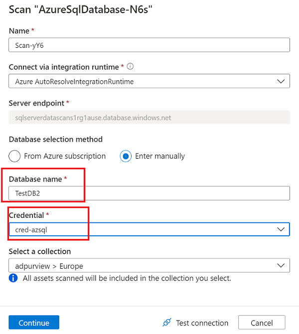 Captura de tela que mostra informações de banco de dados e credencial para a opção de autenticação SQL para executar uma verificação.