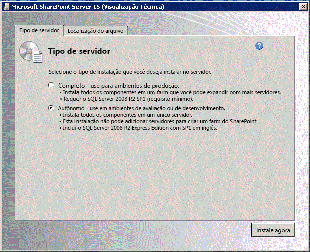 Tipo de servidor de instalação do SharePoint