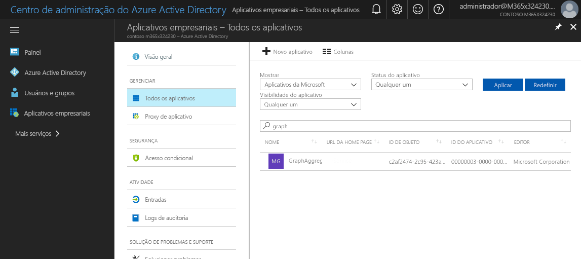 Pesquisa da palavra 'graph' na lista de aplicativos disponíveis do Azure AD no portal do Azure AD