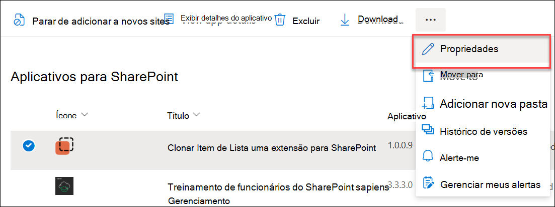 captura de ecrã de onde encontrar a opção de propriedades.