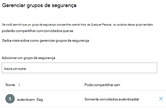 Captura de tela do Painel gerenciar grupos de segurança.