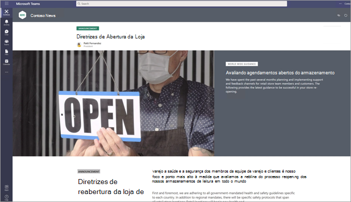 Captura de ecrã de uma mensagem de notícias no Viva Connections num dispositivo de ambiente de trabalho.