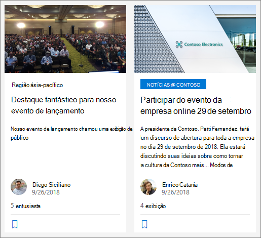 Captura de ecrã a mostrar um exemplo de notícias organizacionais no SharePoint.