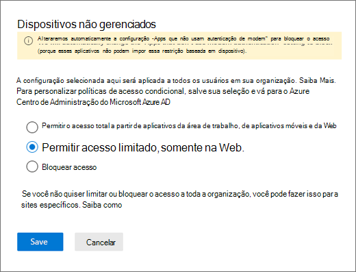 O painel Dispositivos não geridos no novo centro de administração do SharePoint