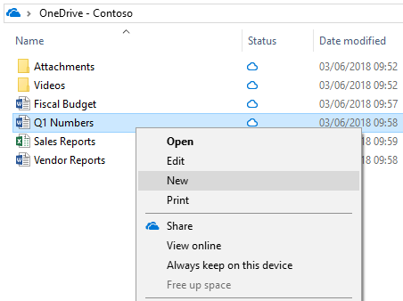 Captura de ecrã do menu de contexto do OneDrive, com as opções 