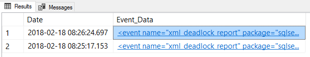 Captura de tela do SSMS que mostra o resultado da consulta ao xEvent system_health.