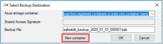 Captura de tela da janela de diálogo Selecionar Destino do Backup com a opção Novo contêiner em destaque.
