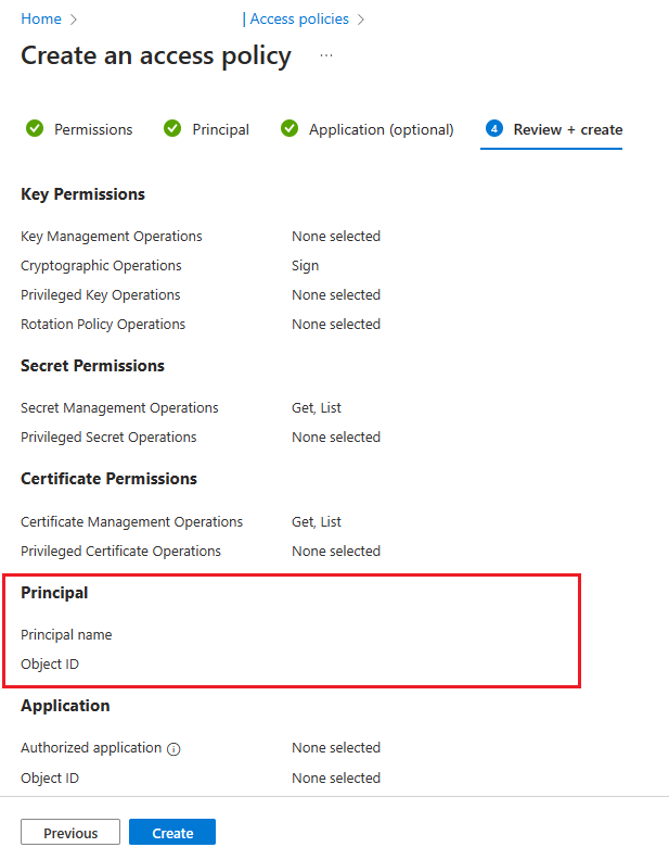 Captura de tela do portal do Azure para revisão e criação da política de acesso.