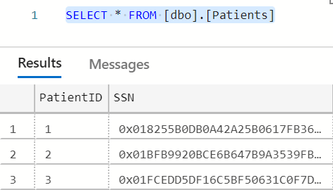 Captura de tela da consulta SELECT * FROM [dbo].[Patients] e os resultados da consulta mostrados como valores binários de texto cifrado.