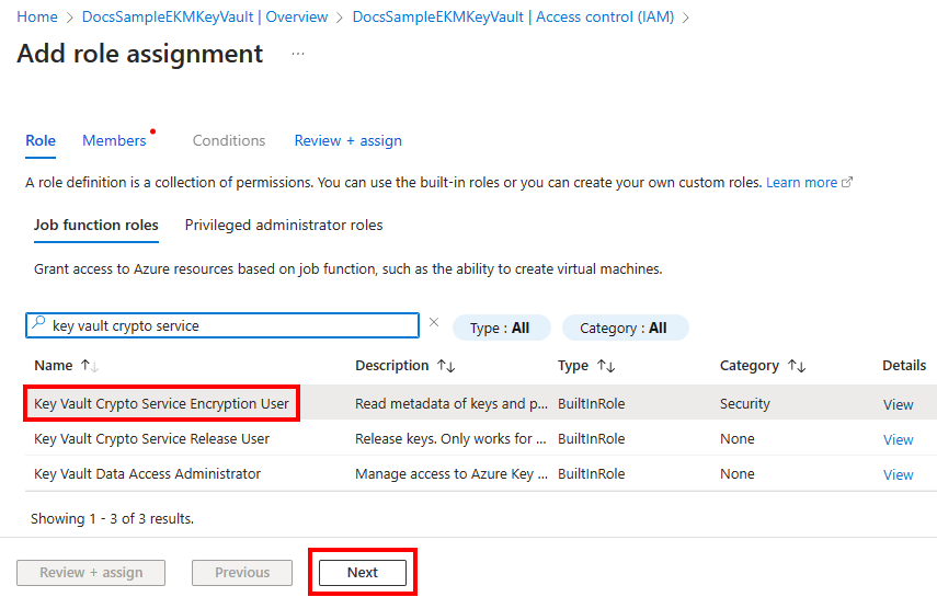 Captura de tela da seleção de uma atribuição de função no portal do Azure.