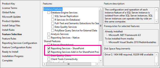 Captura de tela da página Seleção de Recursos com as opções Reporting Services – SharePoint e Suplemento do Reporting Services para Produtos do SharePoint selecionadas.