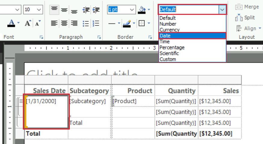 Captura de tela que mostra como alterar o formato da célula da tabela selecionada para ser exibida apenas como data.