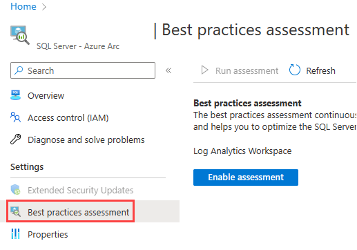 Captura da tela habilitar avaliação de práticas recomendadas de um recurso do SQL Server habilitado para Arc.