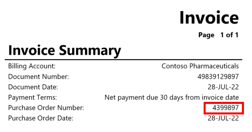 Captura de tela de exemplo de Fatura com o Número do Pedido de Compra realçado.
