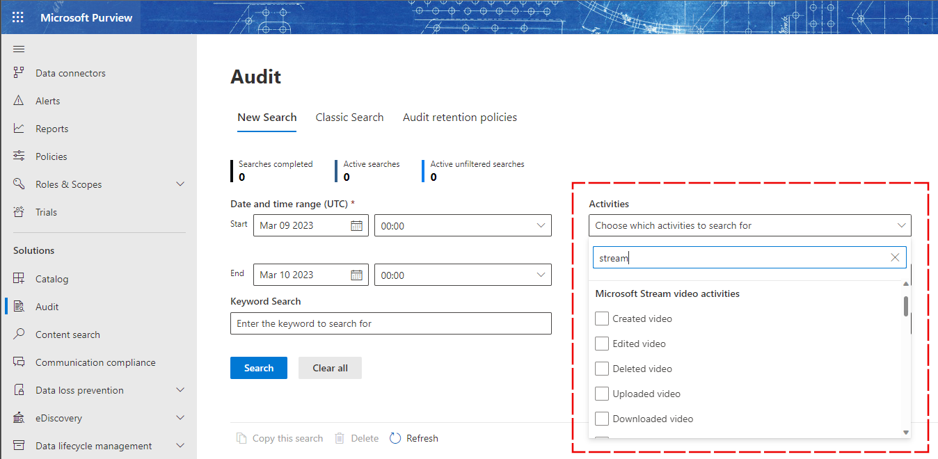 Captura de ecrã dos registos de auditoria preteridos Stream filtro