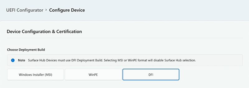 Captura de ecrã a mostrar a opção Deployment Build for Surface Hub (Criar Implementação para o Surface Hub).