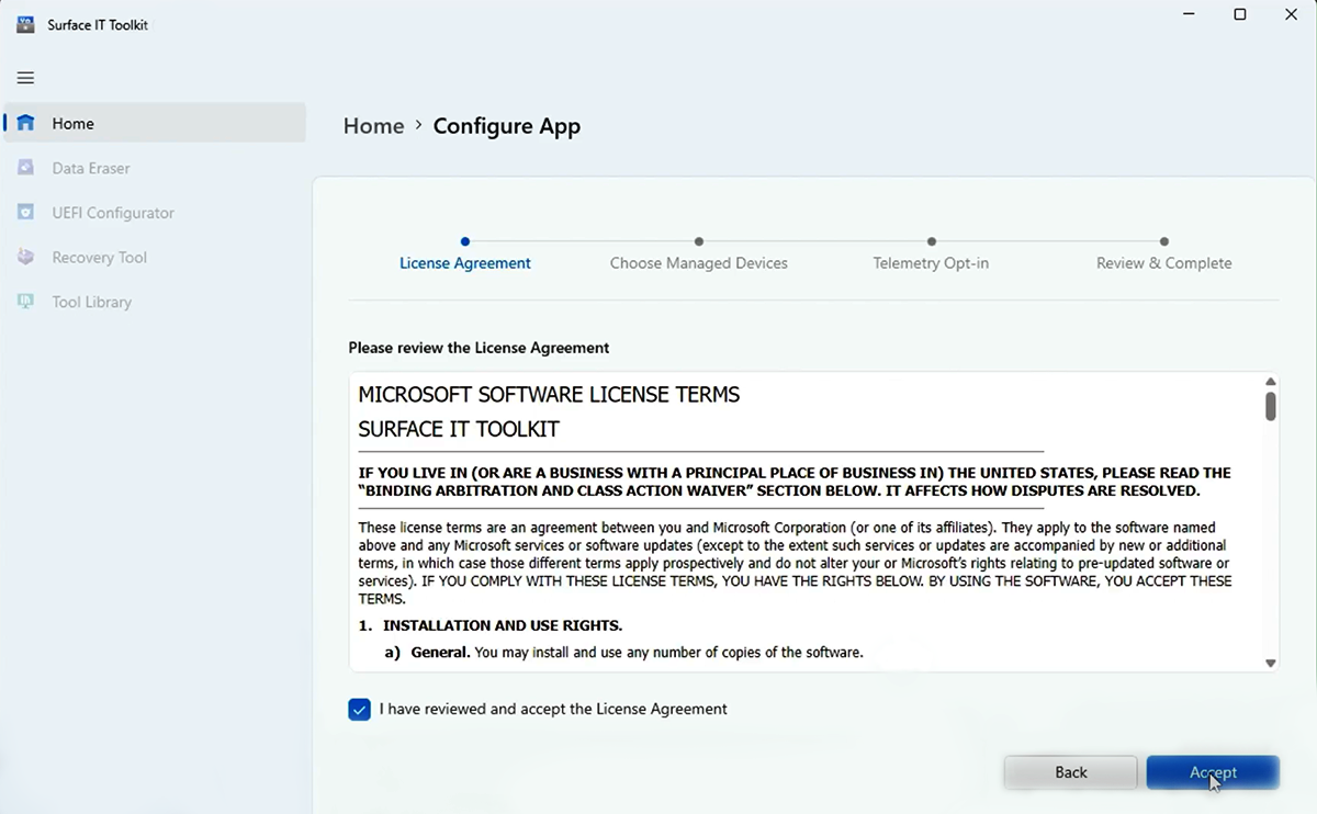 Captura de ecrã do Contrato de Licença do Toolkit de TI do Surface.