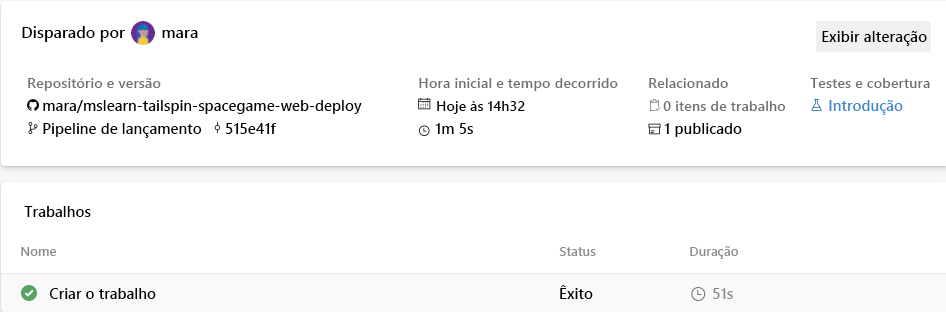 Uma captura de tela do Azure Pipelines mostrando o resumo do trabalho.