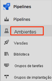 Uma captura de tela do Azure Pipelines mostrando a localização da opção de menu Ambientes.