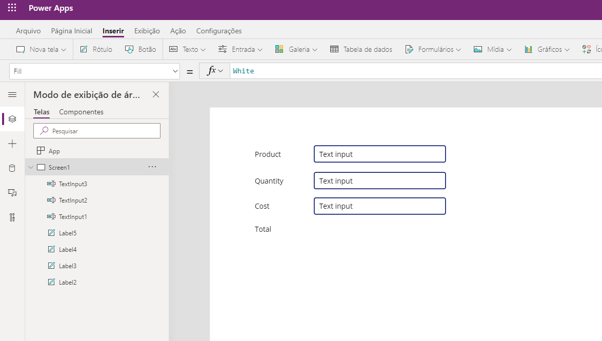 Captura de tela das entradas de texto de Screen1 na Exibição em Árvore do Power Apps.