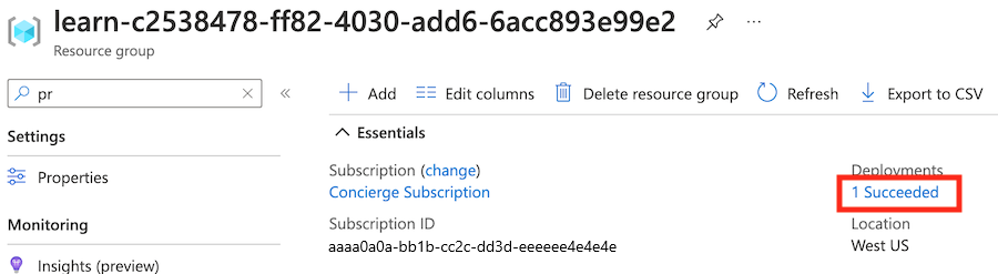 Captura de tela do painel de visão geral do grupo de recursos do portal do Azure, exibindo detalhes adicionais da implantação bem-sucedida.