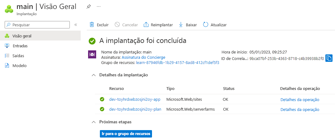 Captura de tela da interface do portal do Azure da implantação específica, com um Plano do Serviço de Aplicativo e um aplicativo listados.