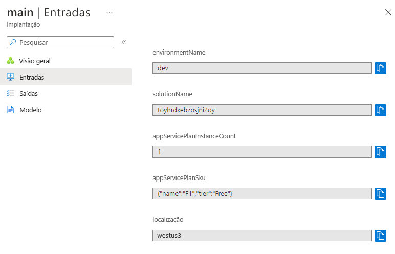 Captura de tela da interface do portal do Azure para a implantação específica exibindo os valores de parâmetros.