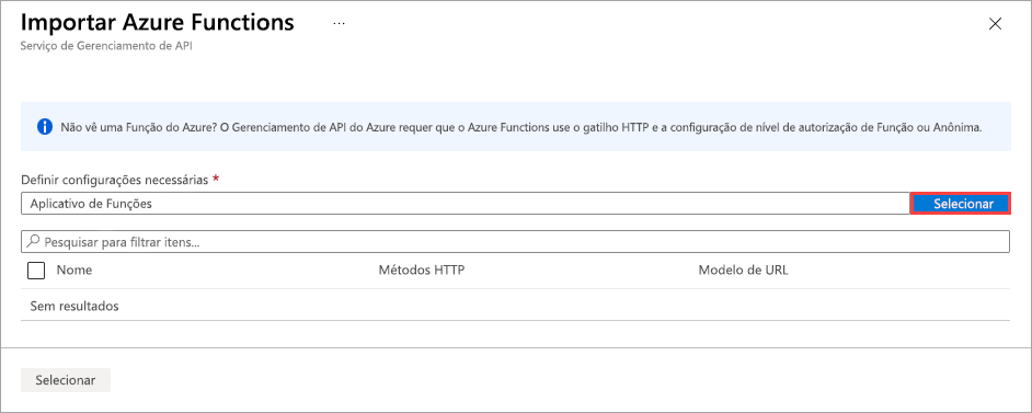 Screenshot of the Import Azure Functions dialog box with Configure required settings field and Select button highlighted.