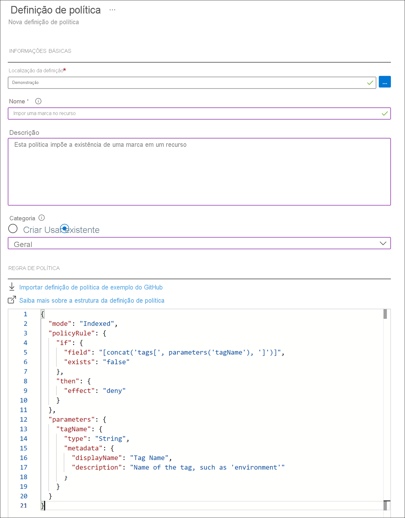 Screenshot of Azure portal showing the new policy definition dialog.