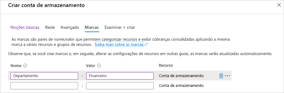 Screenshot of Azure portal showing a new Department tag to add during creation.