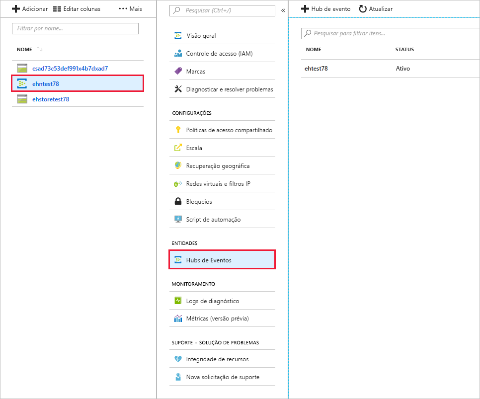 Hub de Eventos exibido no portal do Azure.