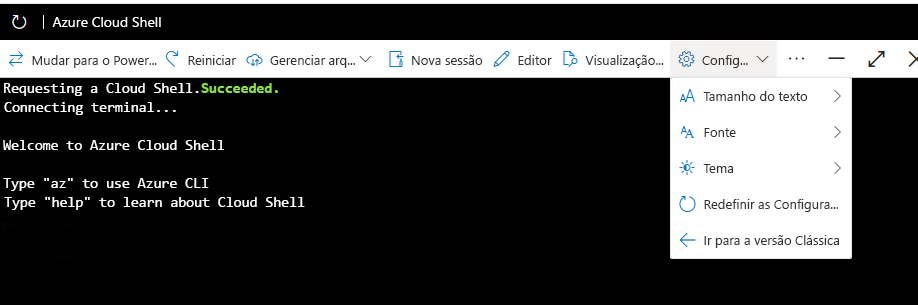 Captura de tela mostrando o item de menu para alternar o Azure Cloud Shell para o modo Clássico.