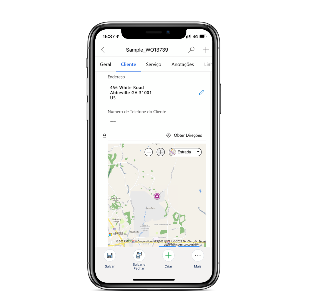 Captura de tela das informações de localização no aplicativo móvel Dynamics 365, inclusive endereço e mapa.