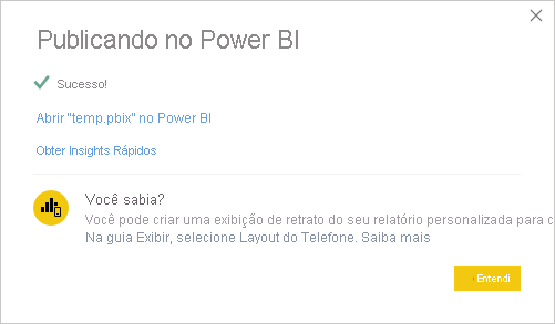 Captura de tela da mensagem de êxito da publicação no Power BI.