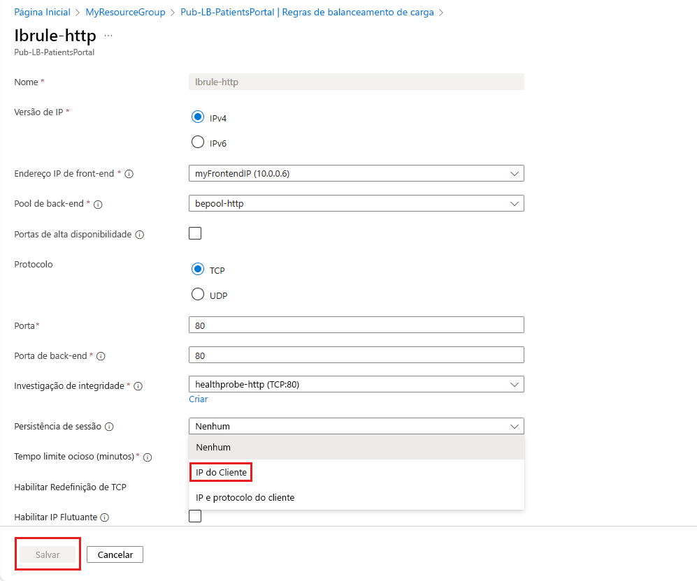 Captura de tela que mostra como definir a afinidade do IP no portal do Azure.