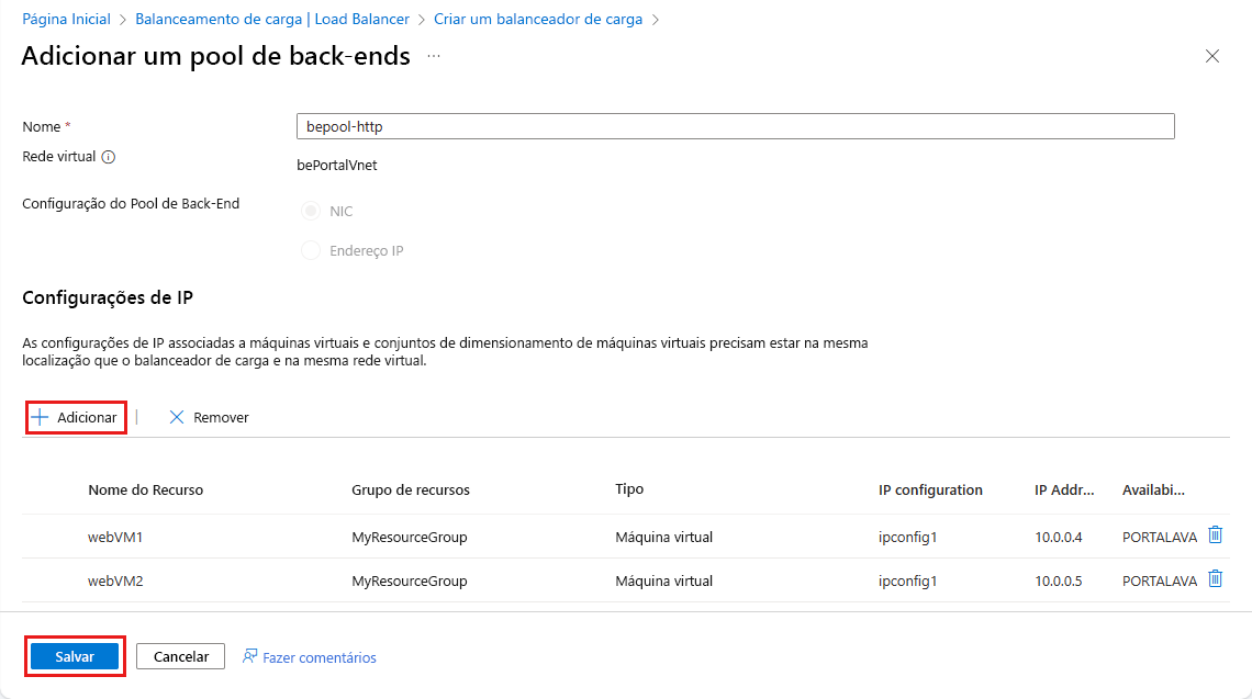 Screenshot that shows the settings completed on the Add backend pool screen.