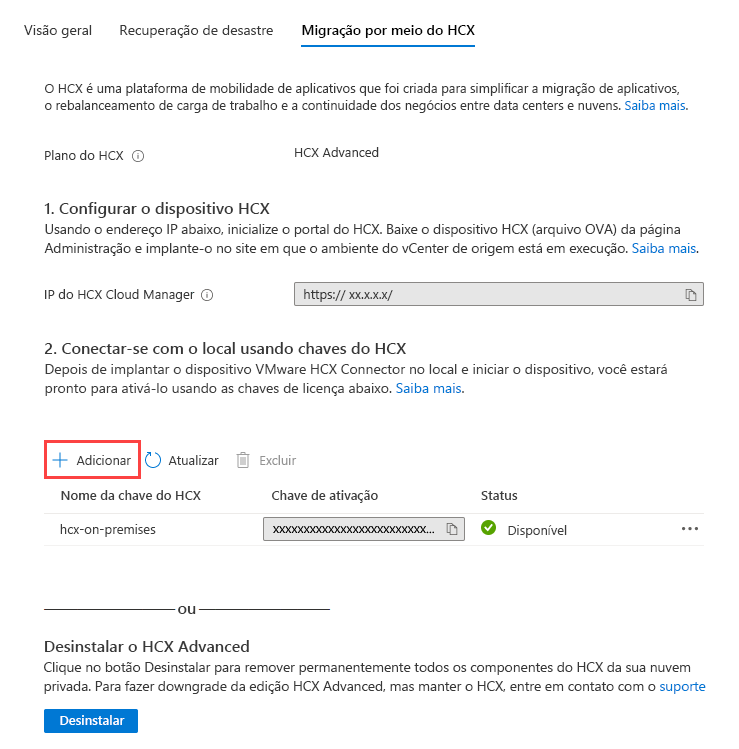 Screenshot that shows where to add the VMware HCX key in the Azure portal for use on-premises.