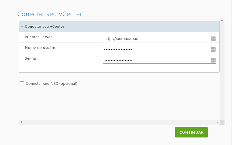 Screenshot of where to configure a connection to the on-premises vCenter environment for the VMware HCX Connector appliance.