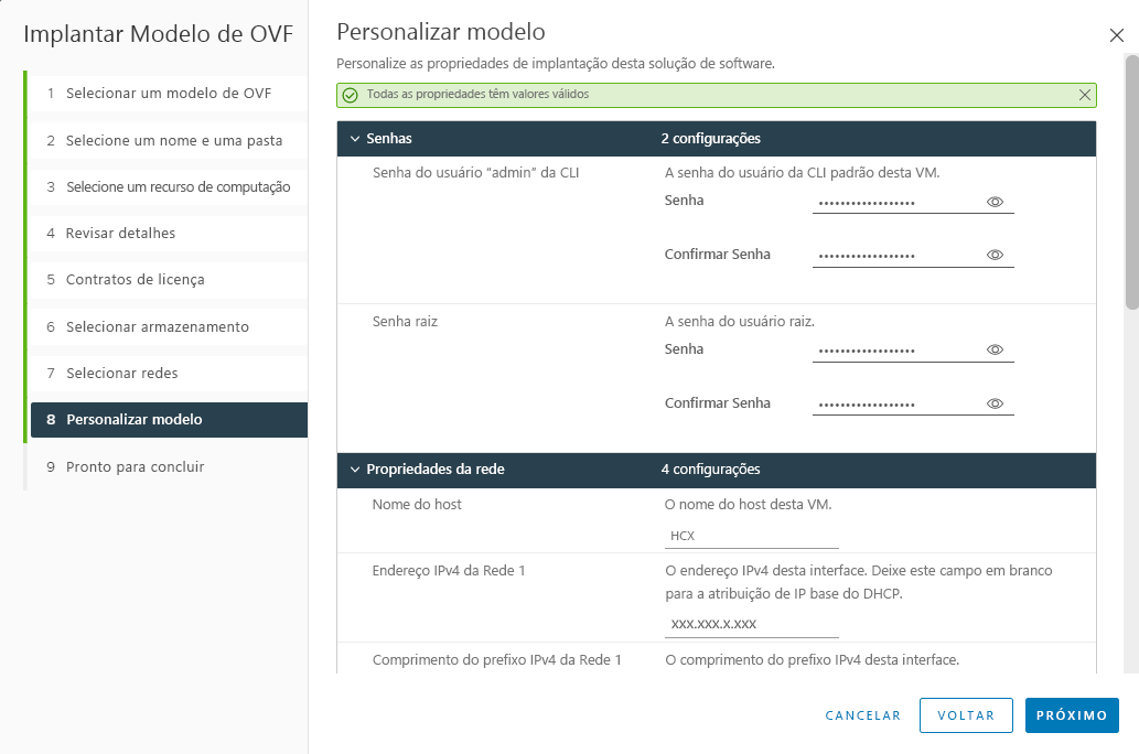 Screenshot of customizing the OVA template file for the VMware HCX Connector deployment on-premises.